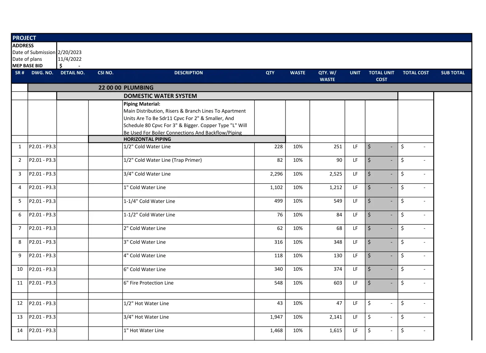 Commercial Construction Estimating Services MEP estimate page detailing electrical, plumbing, and HVAC calculations.
