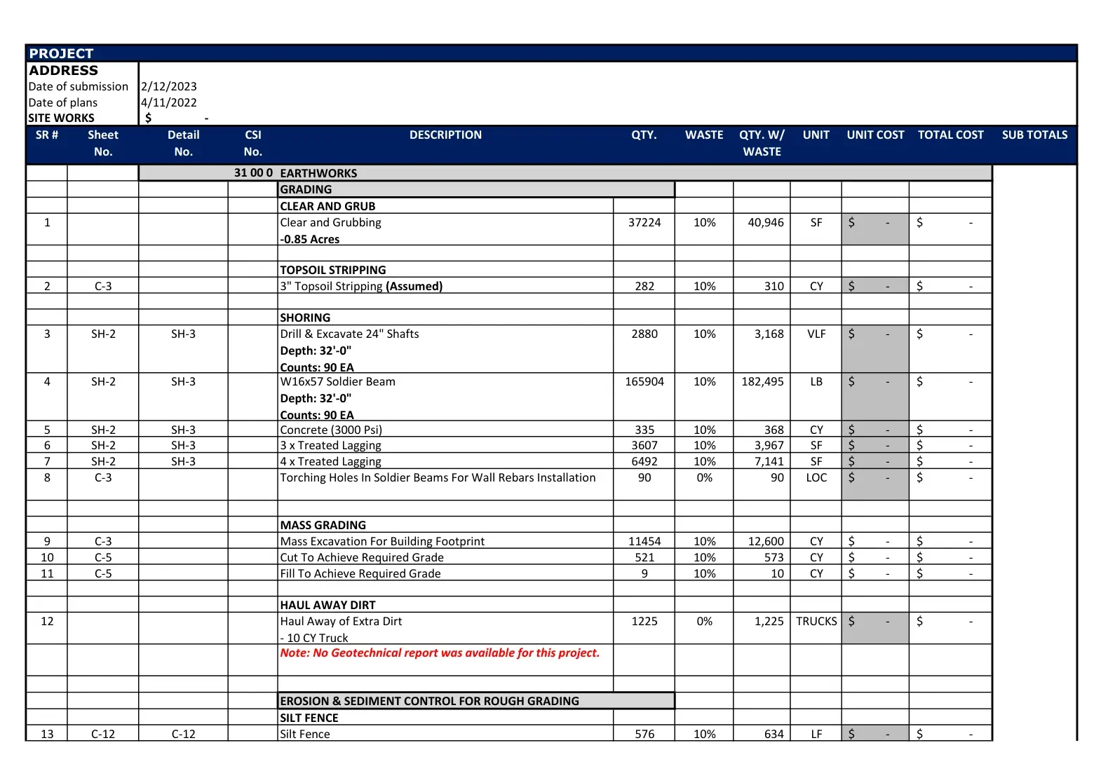 Commercial Construction Estimating Services sitework takeoff sheet showing excavation and grading estimates.
