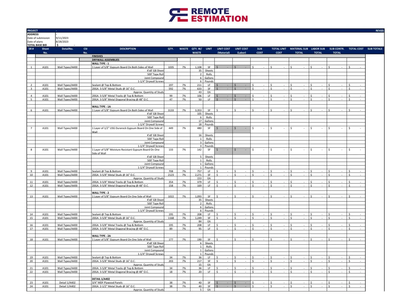Drywall Estimating Services detailed takeoff sheet showing gypsum board and framing quantity calculations.