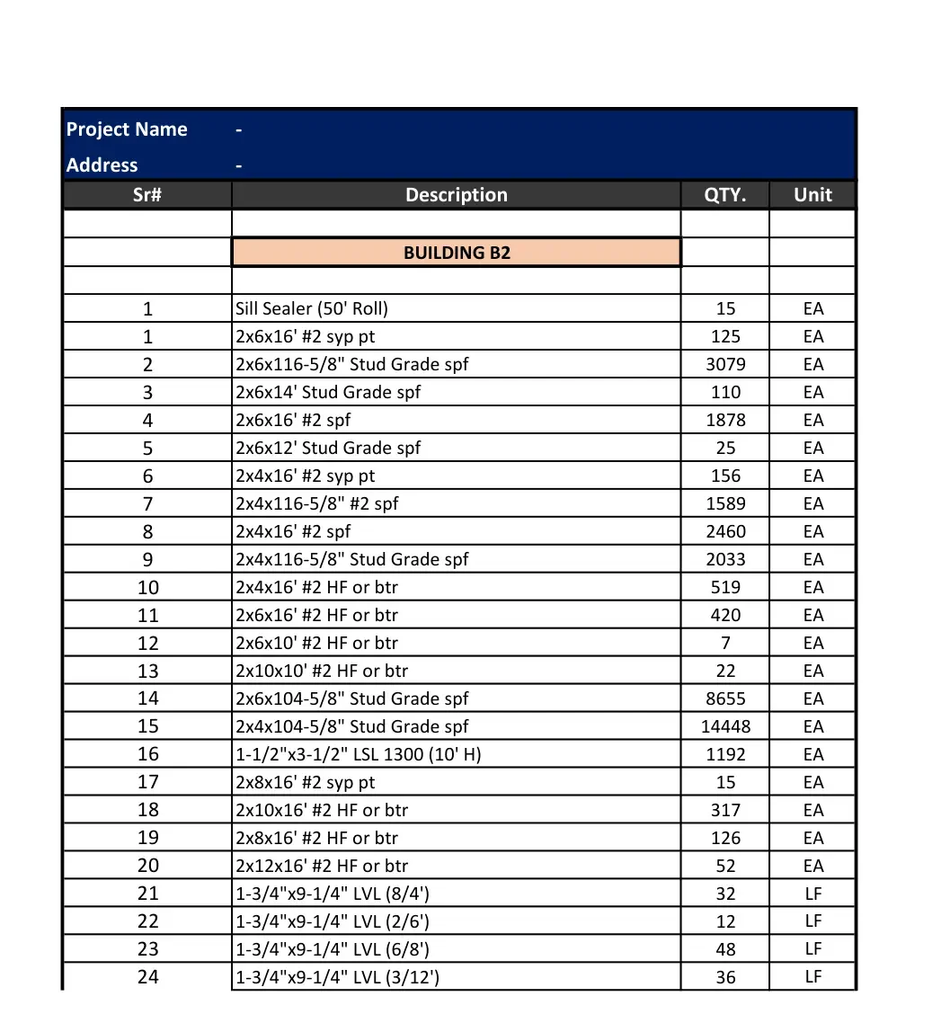 Lumber Estimating Services consolidated list sheet detailing wood framing and structural member quantities.