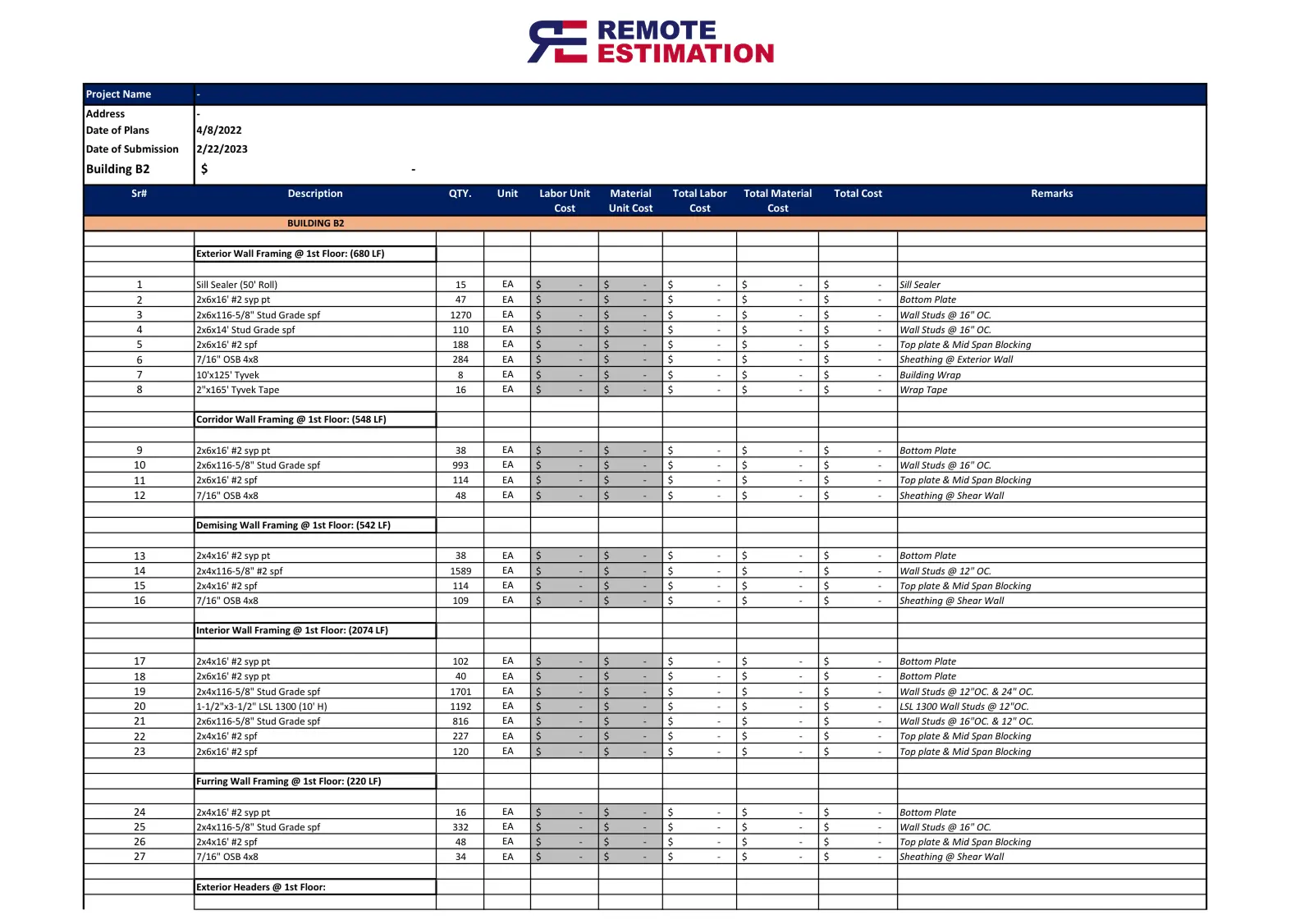 Lumber Estimating Services detailed takeoff report for multi-family wood framing construction.