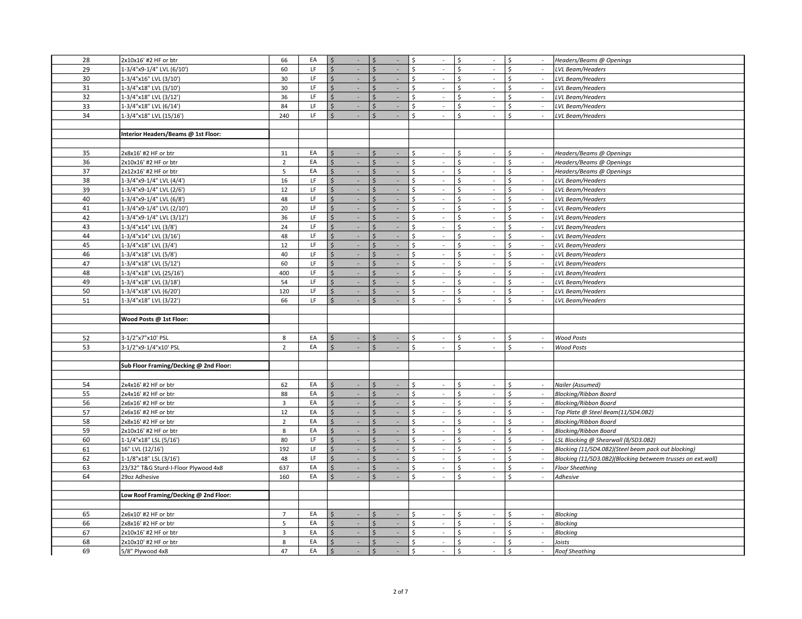 Lumber Estimating Services framing breakdown detailing stud, joist, and truss counts.