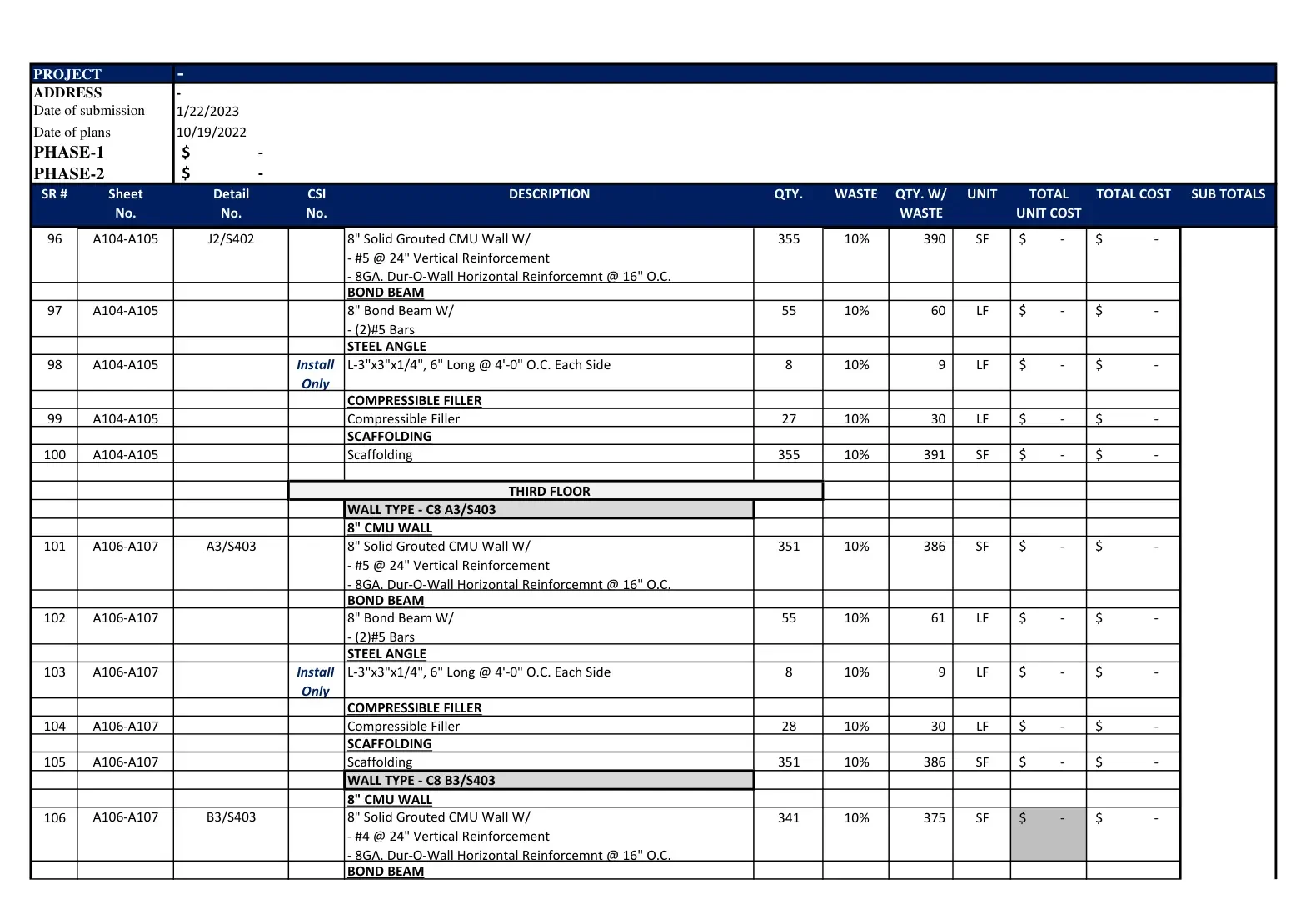 Masonry Estimating Services brick takeoff sheet with veneer wall area calculations.