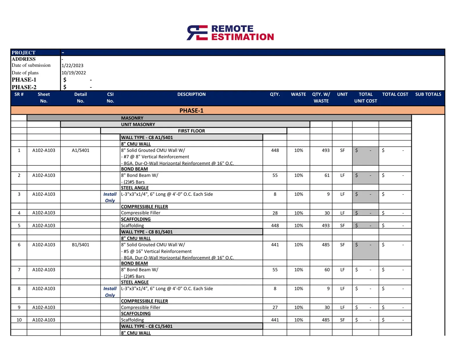 Masonry Estimating Services detailed estimate report showing brick and block counts with mortar volume.