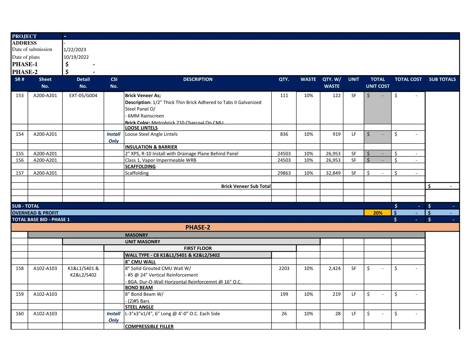 Masonry Estimating Services material summary compiling brick, block, and stone masonry quantities.