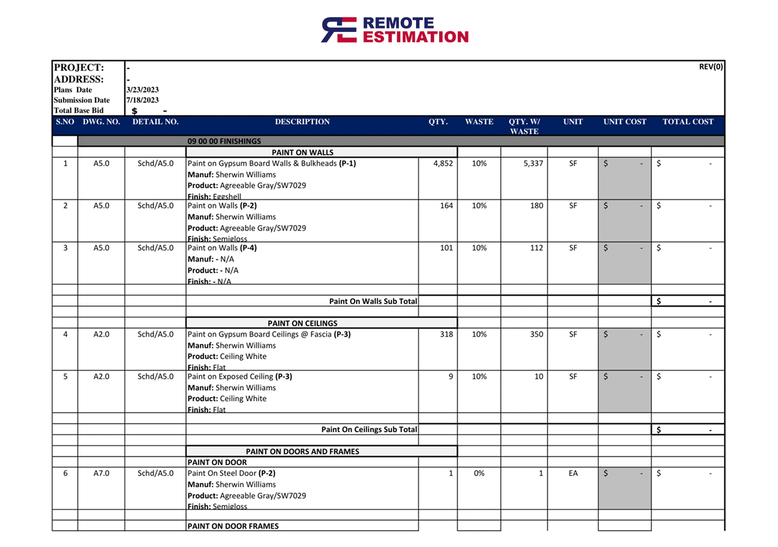 Painting Estimating Services detailed estimate report showing interior and exterior wall paint area.