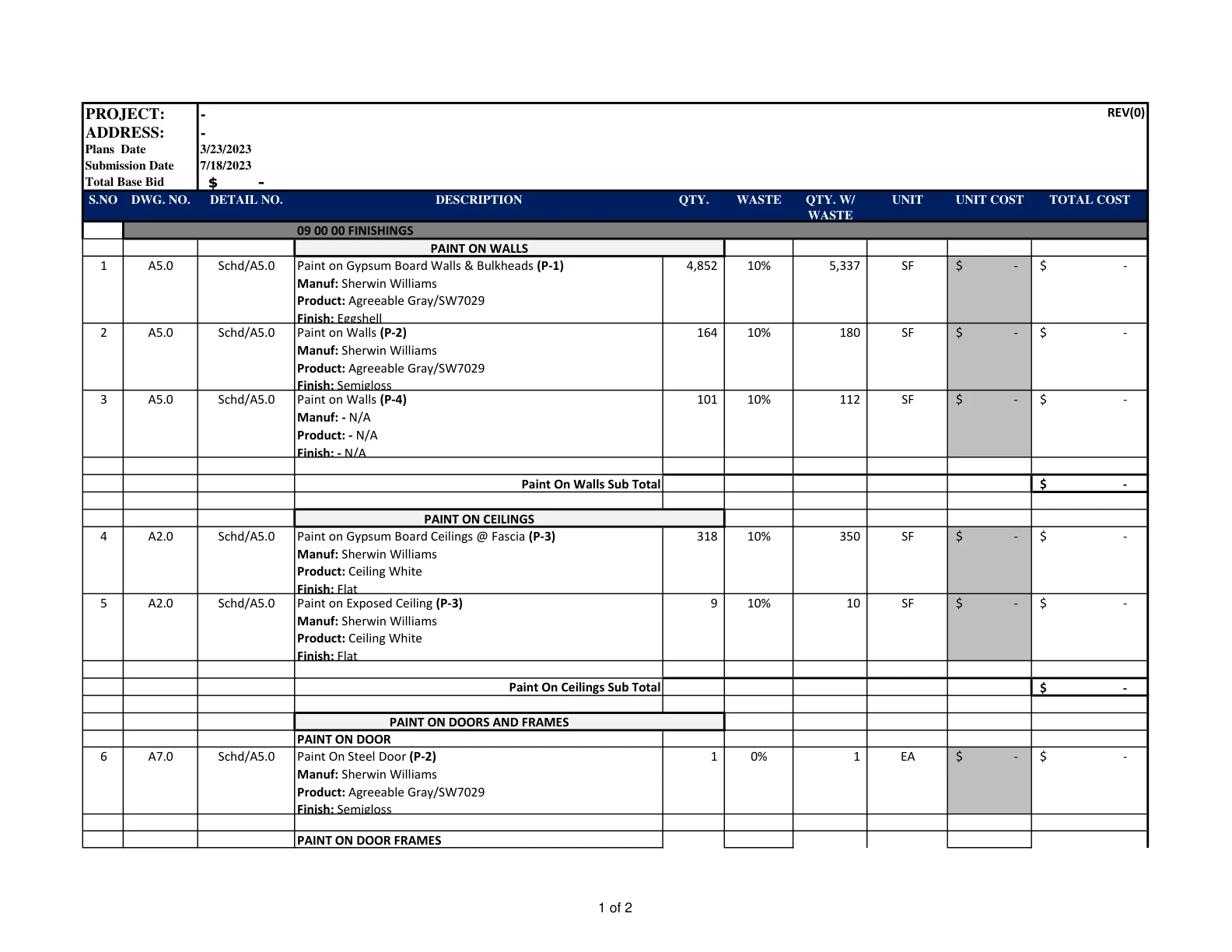 Painting Estimating Services material takeoff sheet detailing wall, ceiling, and trim paint quantities.