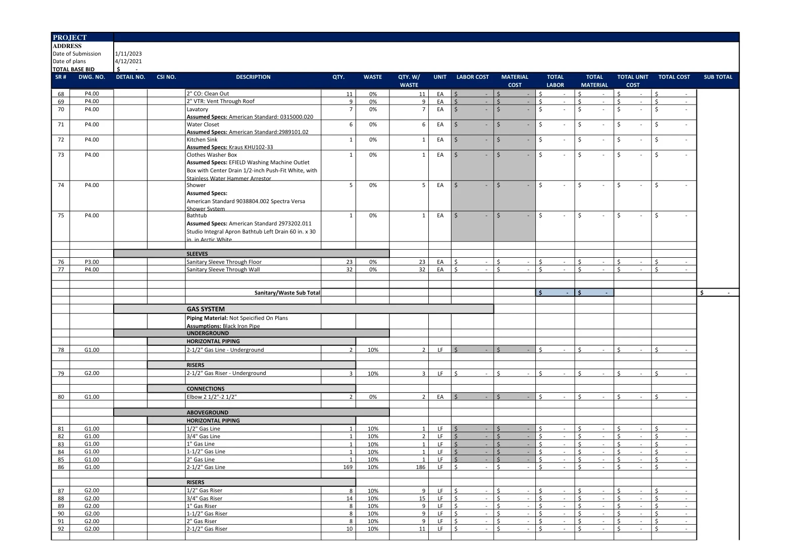 Plumbing Estimating Services fixtures summary compiling toilet, sink, and shower unit counts.