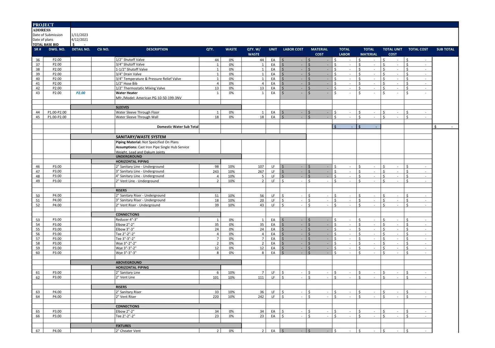 Plumbing Estimating Services pipe takeoff sheet showing PVC and copper drainage line lengths.