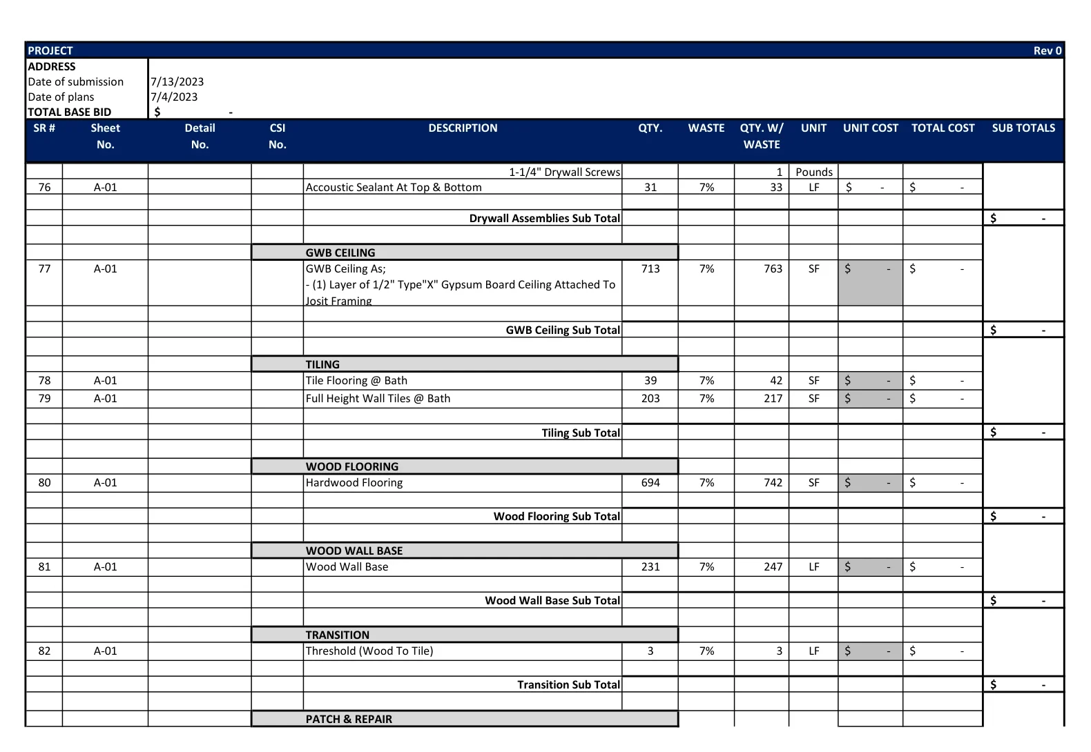 Residential Construction Estimating Services cost breakdown report for custom residential building.