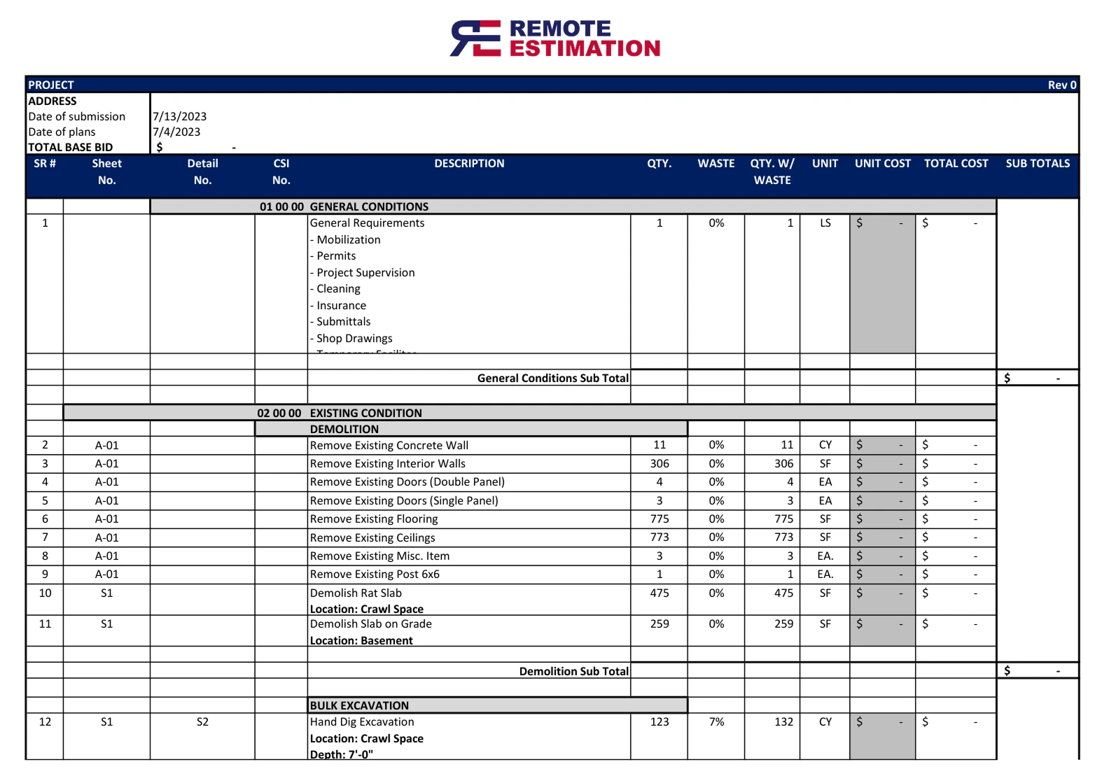 Residential Construction Estimating Services detailed takeoff sheet showing single-family home quantities.