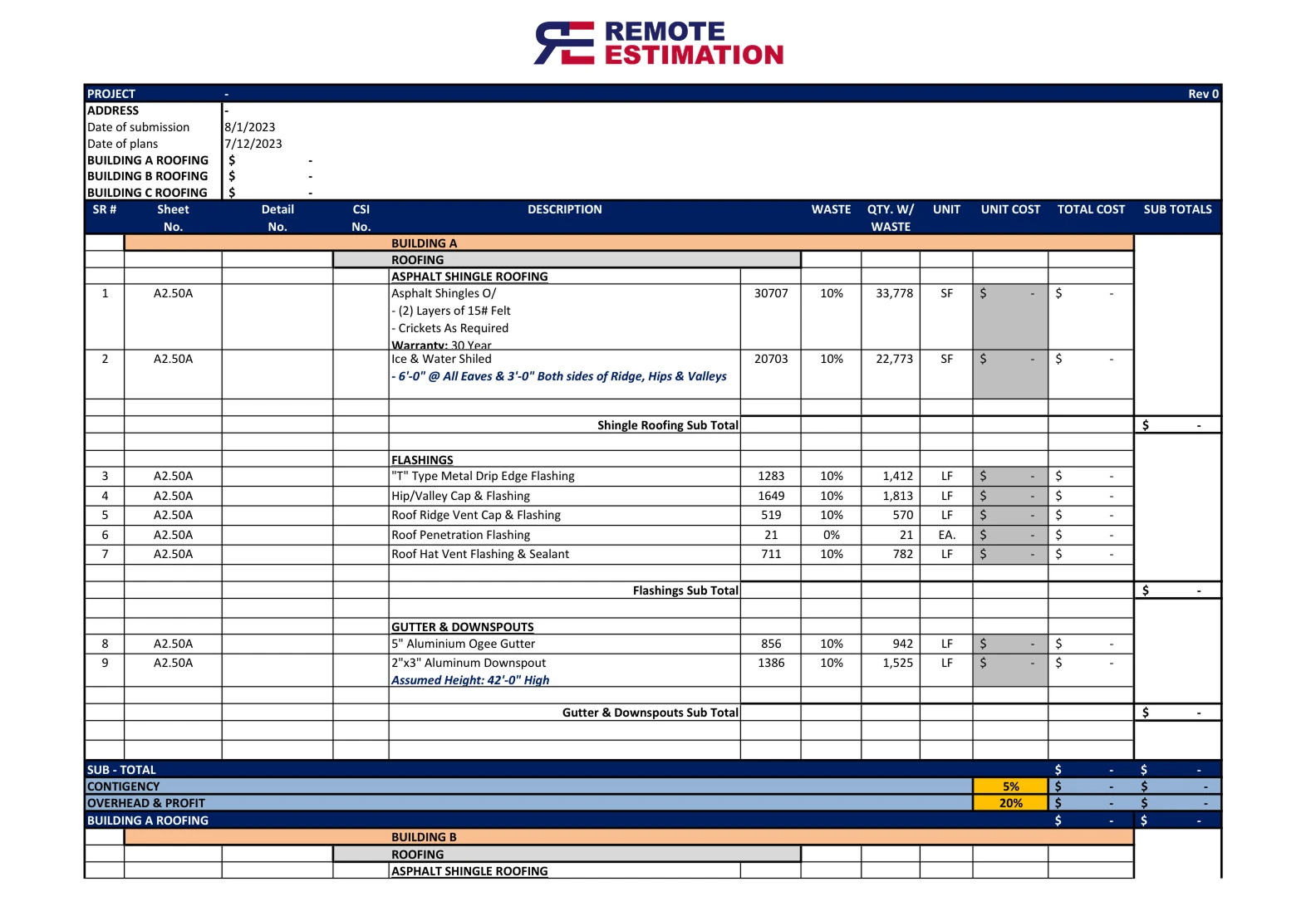 Roofing Estimating Services