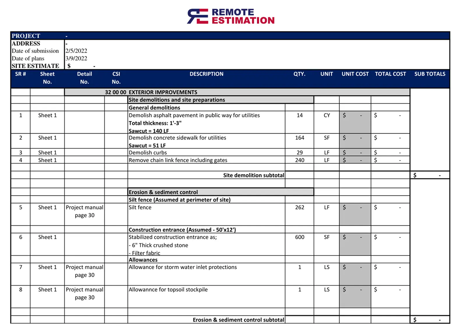 Sitework Estimating Services